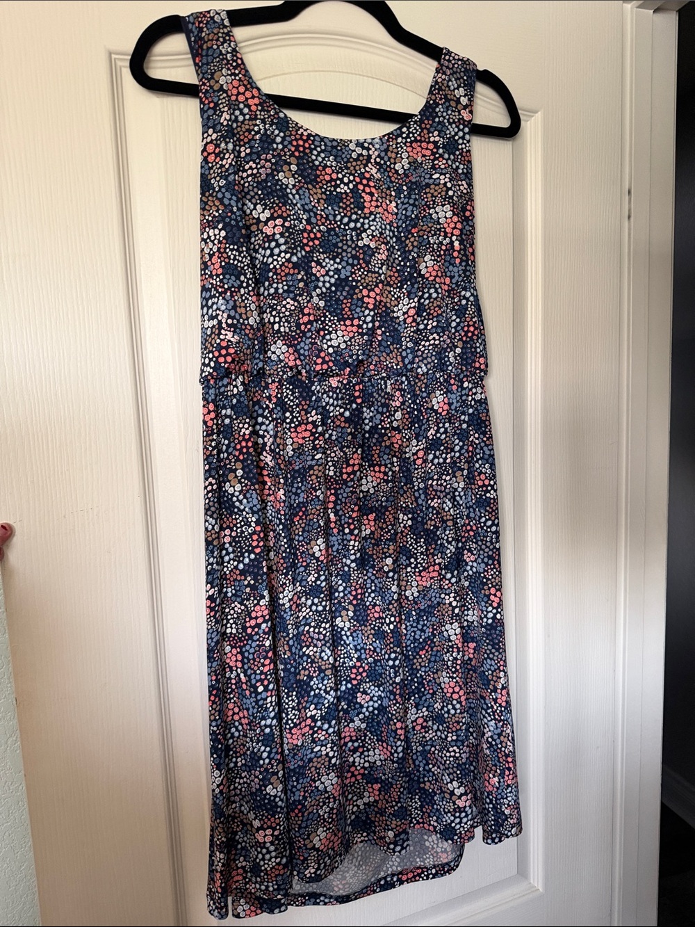 Kaileigh | Navy Floral Midi Dress with Pink & White Dots